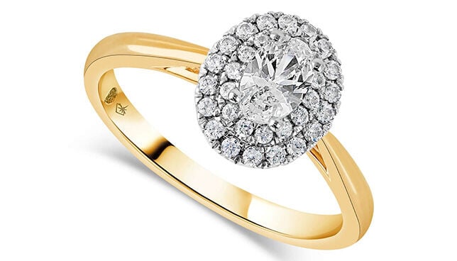 Northern Star 18ct yellow gold engagement ring with 0.50ct oval diamond and double halo